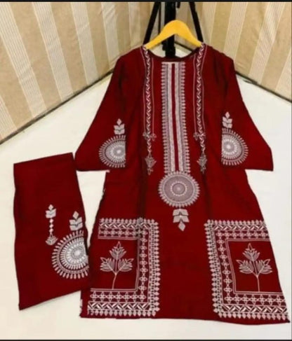 2 Pcs Women’s Stitched Saphire Print Linen Casual Wear For Women