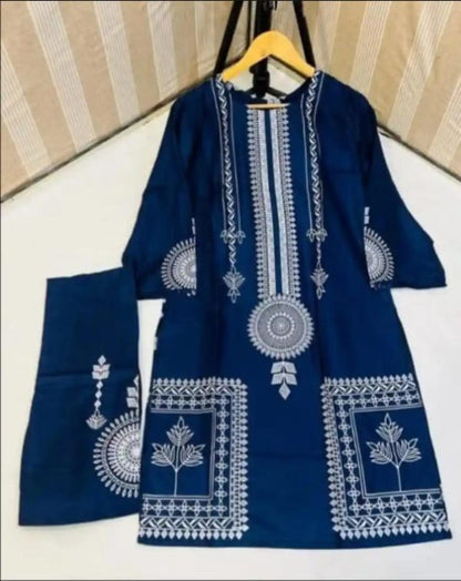 2 Pcs Women’s Stitched Saphire Print Linen Casual Wear For Women